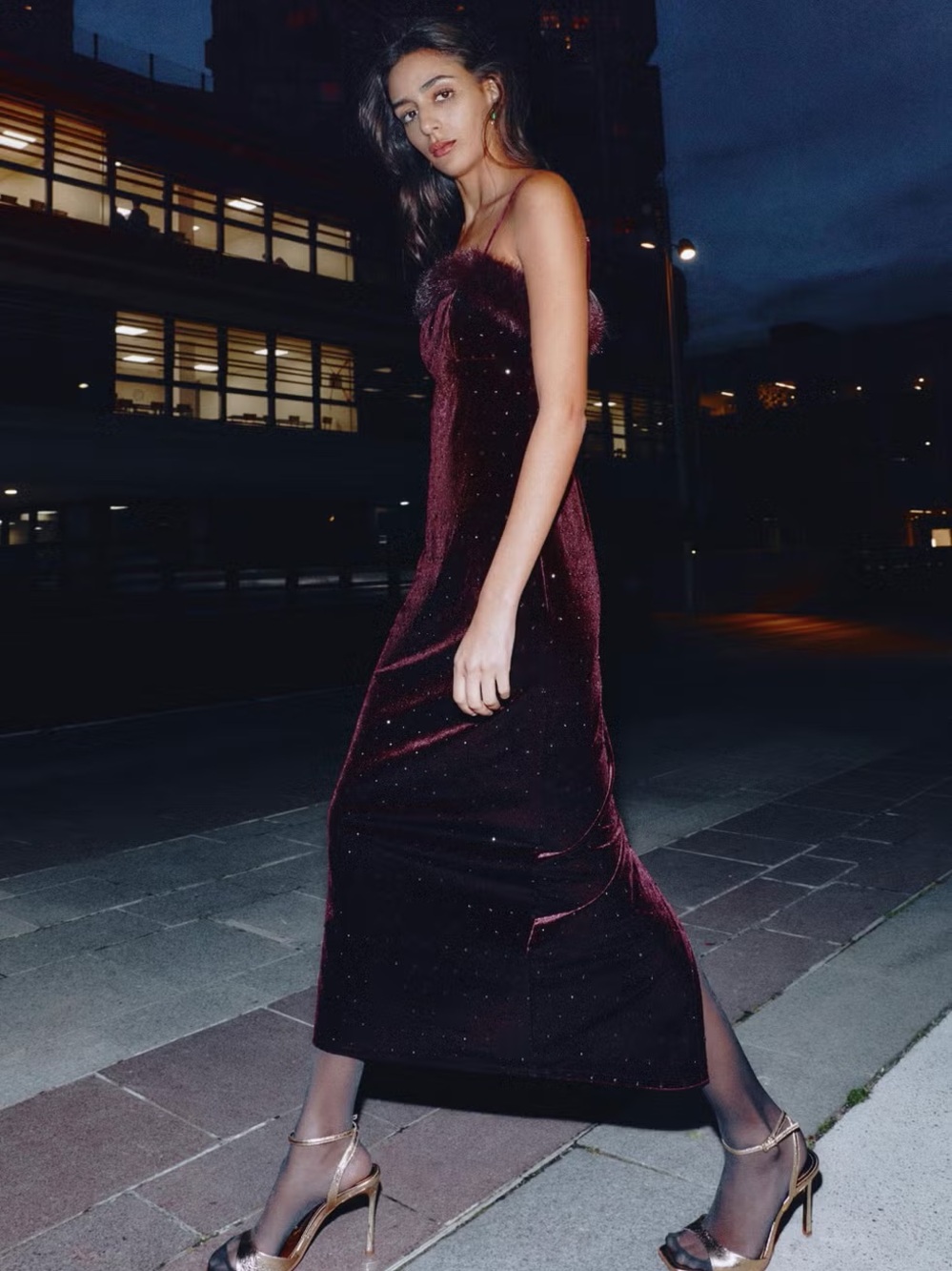 Zara Burgundy Velvet Spaghetti-Strap Midi Dress - Picture 2 of 8